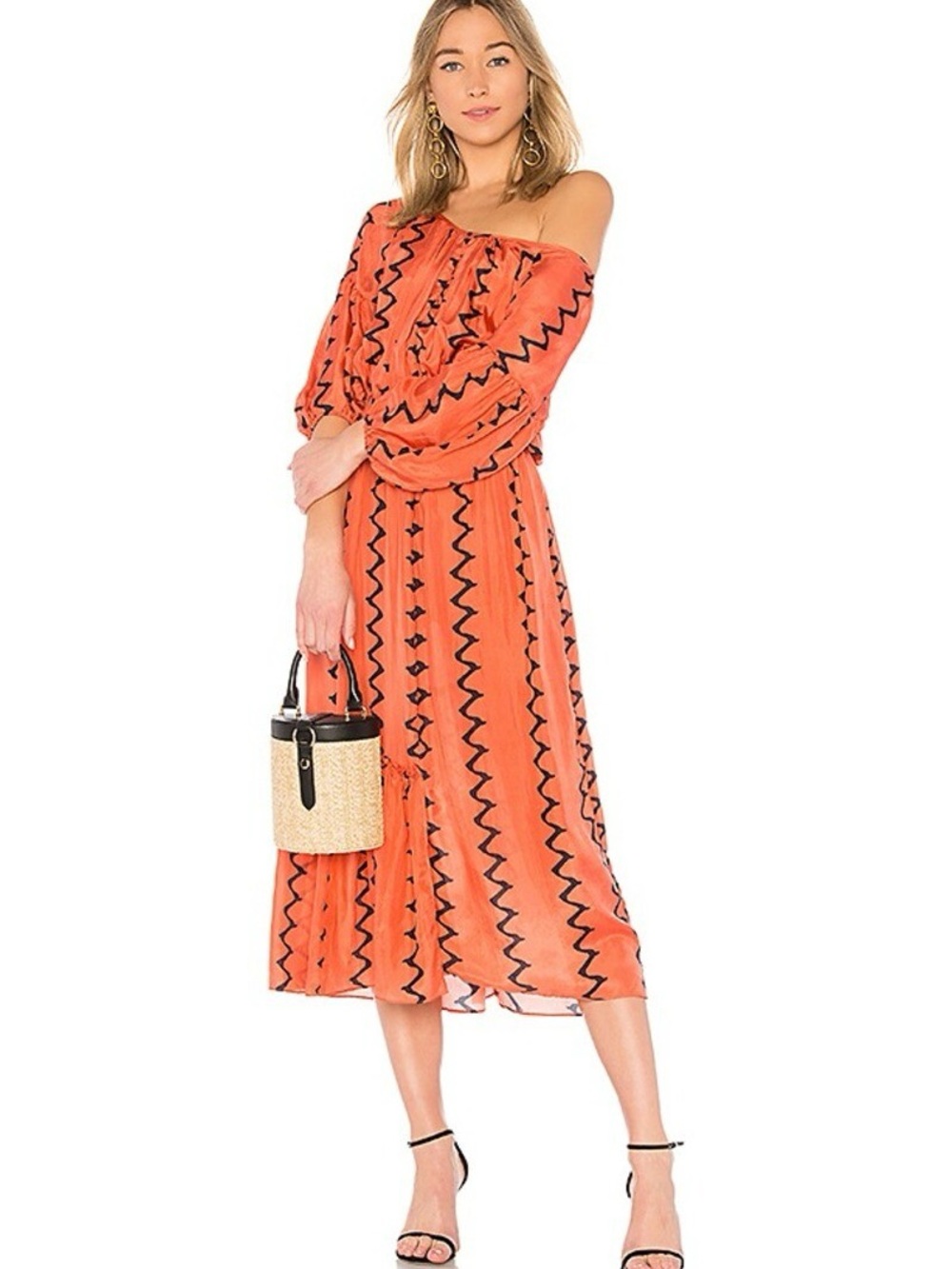 Apiece Apart Camellia Orange One-Shoulder Midi Dress Artsy Black Zigzag SZ 4